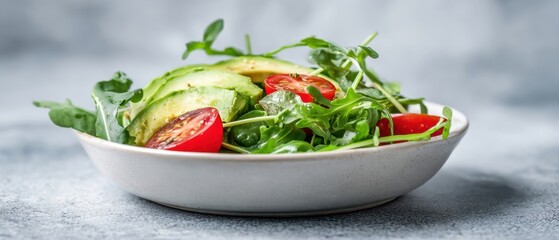 The Avocado Salad with Cherry Tomatoes and Arugula in a White Ceramic Bowl