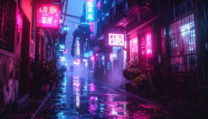 Neon-lit street, cyberpunk style. Buildings, signs, cables. One figure visible. Fog covers ground. Dark, rainy atmosphere