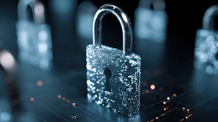 A futuristic digital lock surrounded by glowing circuits, symbolizing cybersecurity and data protection in a technological landscape.