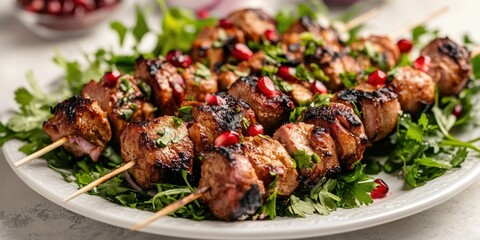 Georgia Independence Day Grilled lamb kebabs with fresh herbs and pomegranate garnish on a platter