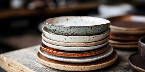 Stack of rustic ceramic plates on wooden table with textured details