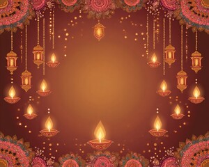 Diwali diya border frame vector, decorative hanging lamps for Indian festival celebration background.
