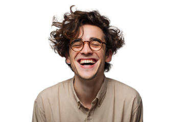 Smiling young man with messy hair and glasses laughing, casual style, isolated on white background