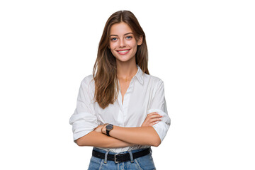 Fototapeta premium Smiling young woman in white shirt isolated on white background, confident casual female portrait with long hair and arms crossed