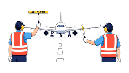 Aviation Guidance: An illustration portrays air traffic controllers, safely guiding the aircraft along the runway, ensuring a clear path for smooth operations