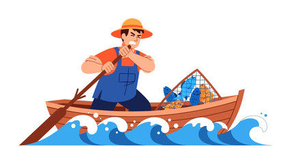 Struggling Fisherman in Turbulent Waters: A determined fisherman navigates a wooden boat through churning, high waves, demonstrating resilience against a powerful ocean, showcasing human effort.