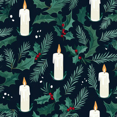 Seamless pattern of a illustration candle and foliage christmas
