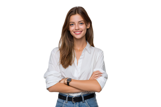 Smiling young woman in white shirt isolated on white background, confident casual female portrait with long hair and arms crossed