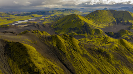 Aerial View of Iceland's Moss Covered Highlands and Winding River