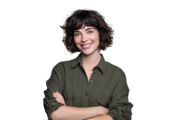 Smiling young woman with short hair isolated on white background, cheerful casual female portrait, confident happy girl with arms crossed