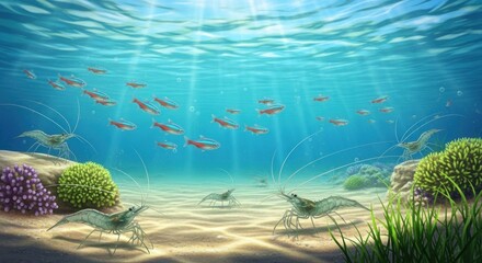 Fototapeta premium A vibrant underwater scene displays shrimp and small fish amidst a coral reef environment.
