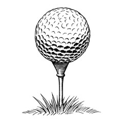 A single golf ball on a tee in a detailed black and white vintage line art style