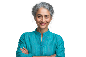 Smiling mature woman with gray hair in blue blouse crossing arms, confident senior portrait, isolated on white background