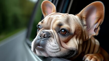 Dog is looking out the window of a car. The dog has a brown and white coat and is looking at something outside