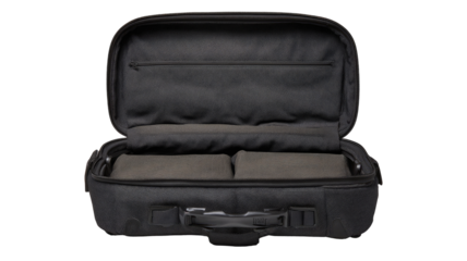 Open travel bag, empty interior, black, studio shot, packing