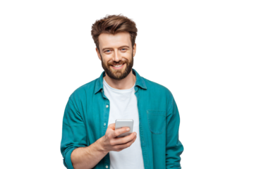 Smiling young man with beard holding smartphone, casual style in shirt and t-shirt, isolated on white background