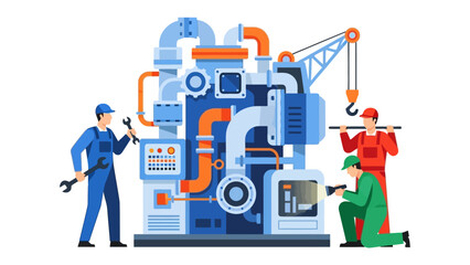 Machines and Menders: A skilled team meticulously attends to the intricacies of complex machinery, ensuring seamless operation and sustained functionality, showcasing expertise, collaboration.