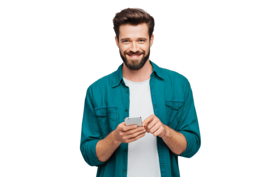 Smiling young man with beard holding smartphone, casual style in shirt and t-shirt, isolated on white background
