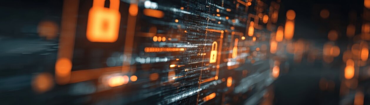 A digital abstract representation featuring glowing padlock symbols and data streams, symbolizing cybersecurity and data protection.