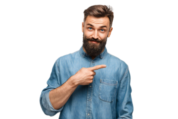 Smiling young man with beard in denim shirt pointing finger to the side, cheerful expression, isolated on white background