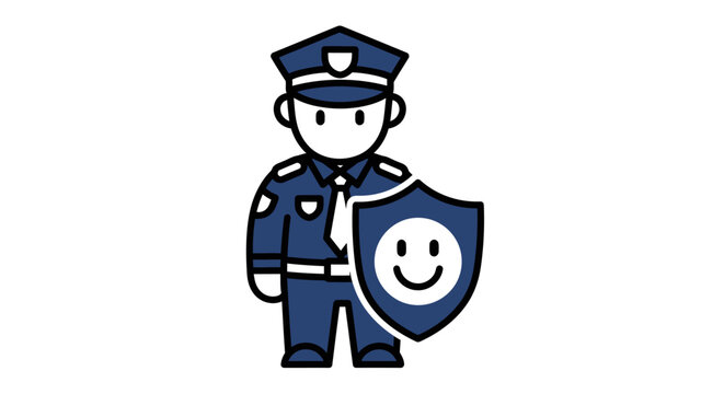 Illustrative depiction of a cheerful police officer standing guard with a smiley face shield, symbolizing safety and protection