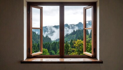 Mountain view through a wooden window
