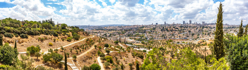 Panoramic view from Mount Scopus of the historical neighbourhoods of the center of Jerusalem and...