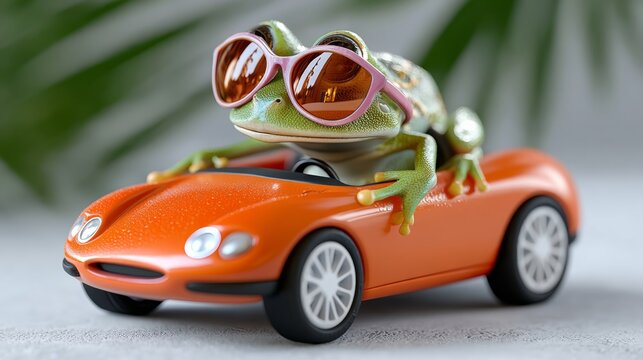Frog is sitting in a car with sunglasses on. The car is orange and the frog is green