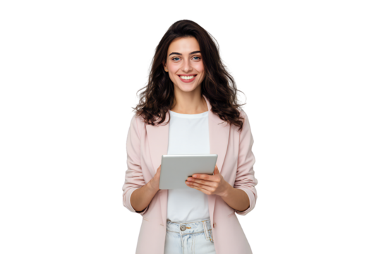 Smiling young woman in blazer holding digital tablet, professional casual style, isolated on white background - Powered by Adobe