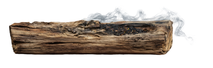 A weathered log, partially burned, with wisps of smoke