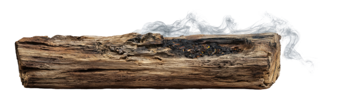 A weathered log, partially burned, with wisps of smoke