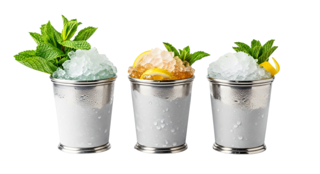 Three julep cocktails isolated on transparent background