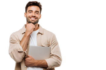 Smiling young man with beard holding laptop, confident casual style in shirt and t-shirt, isolated on white background