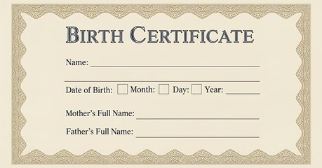 Official birth certificate template document with decorative border and fields for information