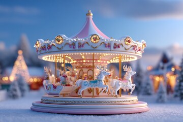 Charming Carousel Decorated With Lights Surrounded By Snowy Landscape At Dusk