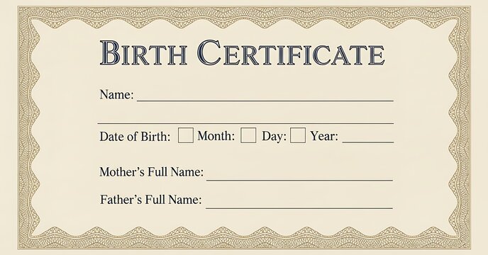 Official birth certificate template document with decorative border and fields for information