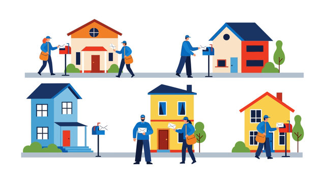 Delivery Route: A visual story of efficient mail delivery, where postal workers traverse through a neighborhood. With focus on residential houses and mailboxes.