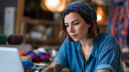 Tattooed woman working on a laptop designing a rug yarn spools and textile swatches scattered around her vibrant studio digital rug design textile workshop creative crafting