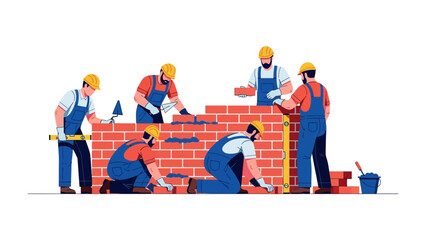Constructing Progress: A team of diligent builders collaboratively erects a brick wall, showcasing the essence of construction. Highlighting teamwork, expertise, and precision in the building process.