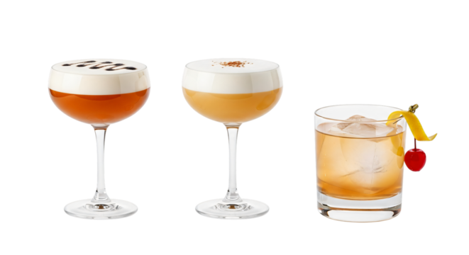 Three cocktail glasses isolated on transparent background, different drinks