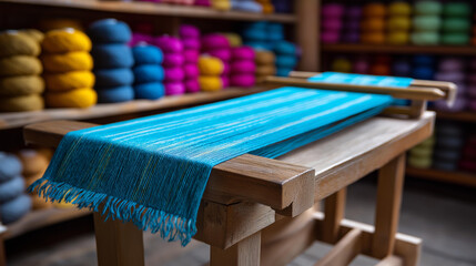 Naklejka premium Unfinished abstract rug on a wooden frame turquoise yarn weaving through surrounded by shelves of colorful skeins unfinished textile art carpet workshop creative crafting art