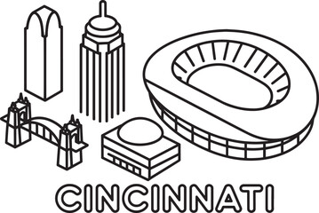 Cincinnati Cityscape Outline Vector Illustration with Landmarks and Typography Design Element