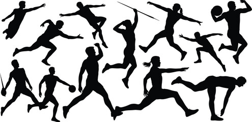 Athlete silhouette vector, running, jumping, throwing, fitness action, track and field poses, dynamic sportsman illustration, Olympic training concept