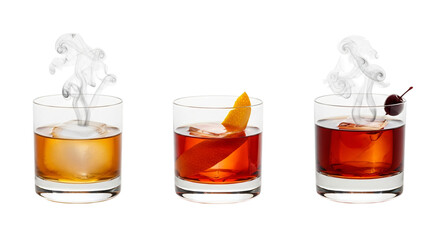 Three glasses of old fashioned cocktails isolated on transparent background