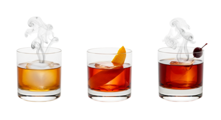 Three glasses of old fashioned cocktails isolated on transparent background
