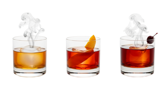 Three glasses of old fashioned cocktails isolated on transparent background