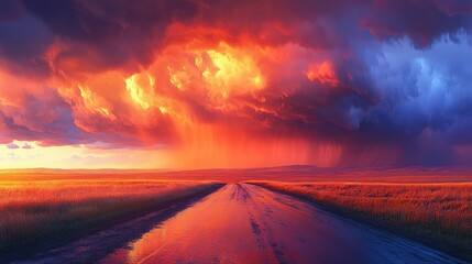 Dramatic Stormy Sky over Open Field with Dirt Road and Rain Shower