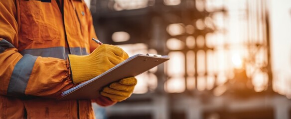 The construction worker writing on clipboard at construction site during sunset inspection