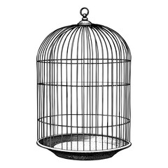 Empty birdcage in a vintage etched style, black and white