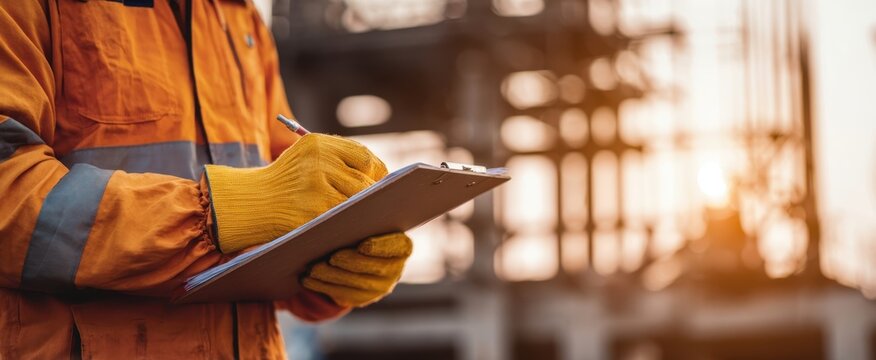 The construction worker writing on clipboard at construction site during sunset inspection - Powered by Adobe